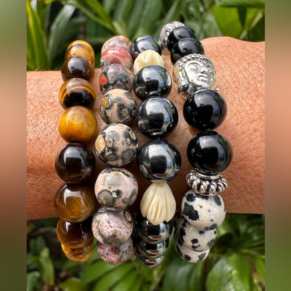 262A. Dalmatian Stone Black Onyx Buddha .925 Sterling Silver Maui Bracelet - Picture 7 of 7